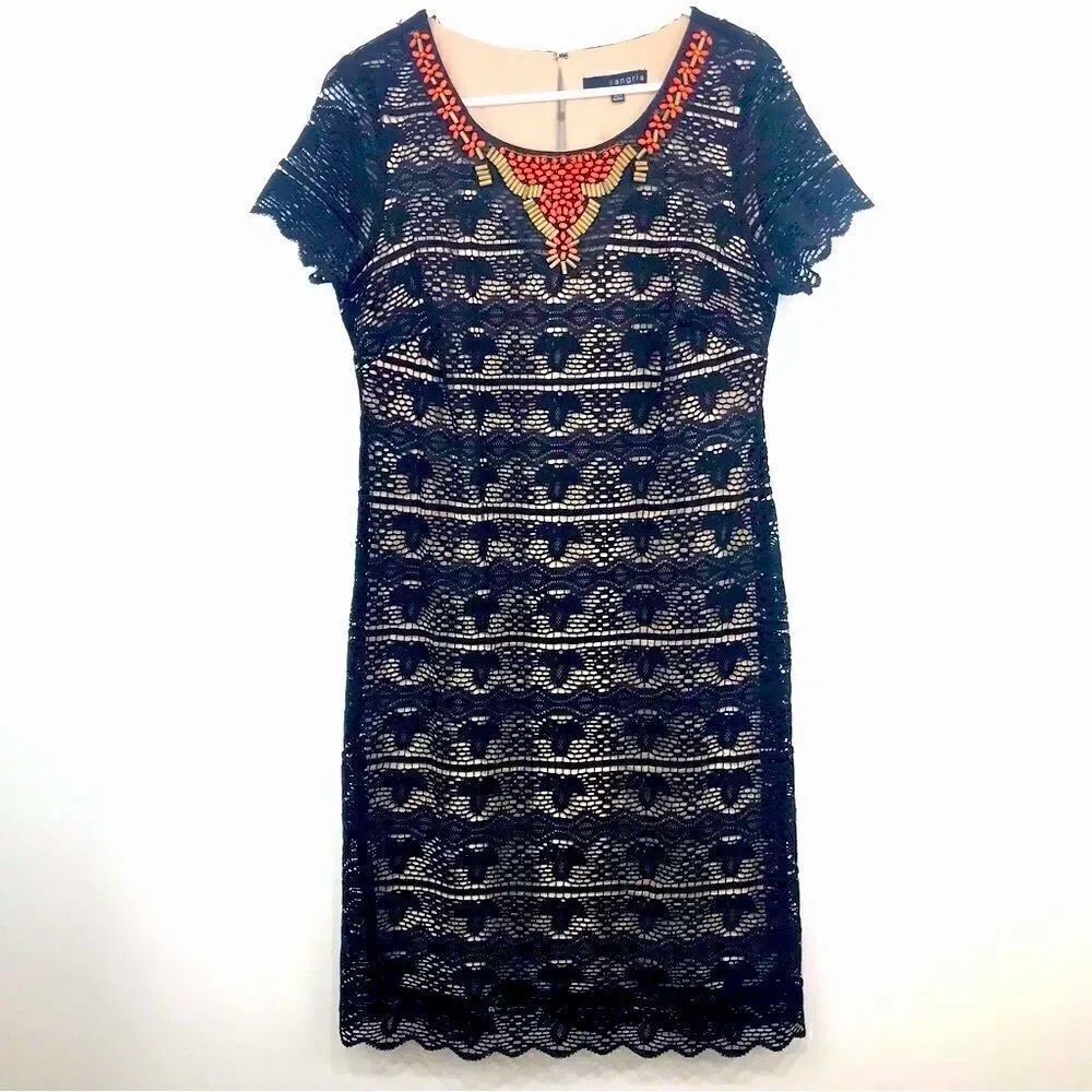 Sangria Black Lace Overlay Beaded Short Sleeve Sheath Dress